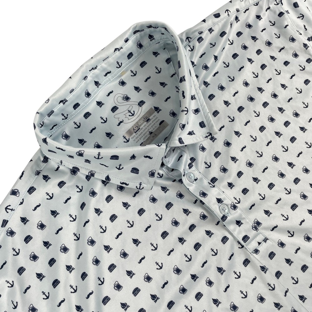 Swannies Polo Shirt Men XL White Blue Anchor Beer Mustache Campfire Burger Print